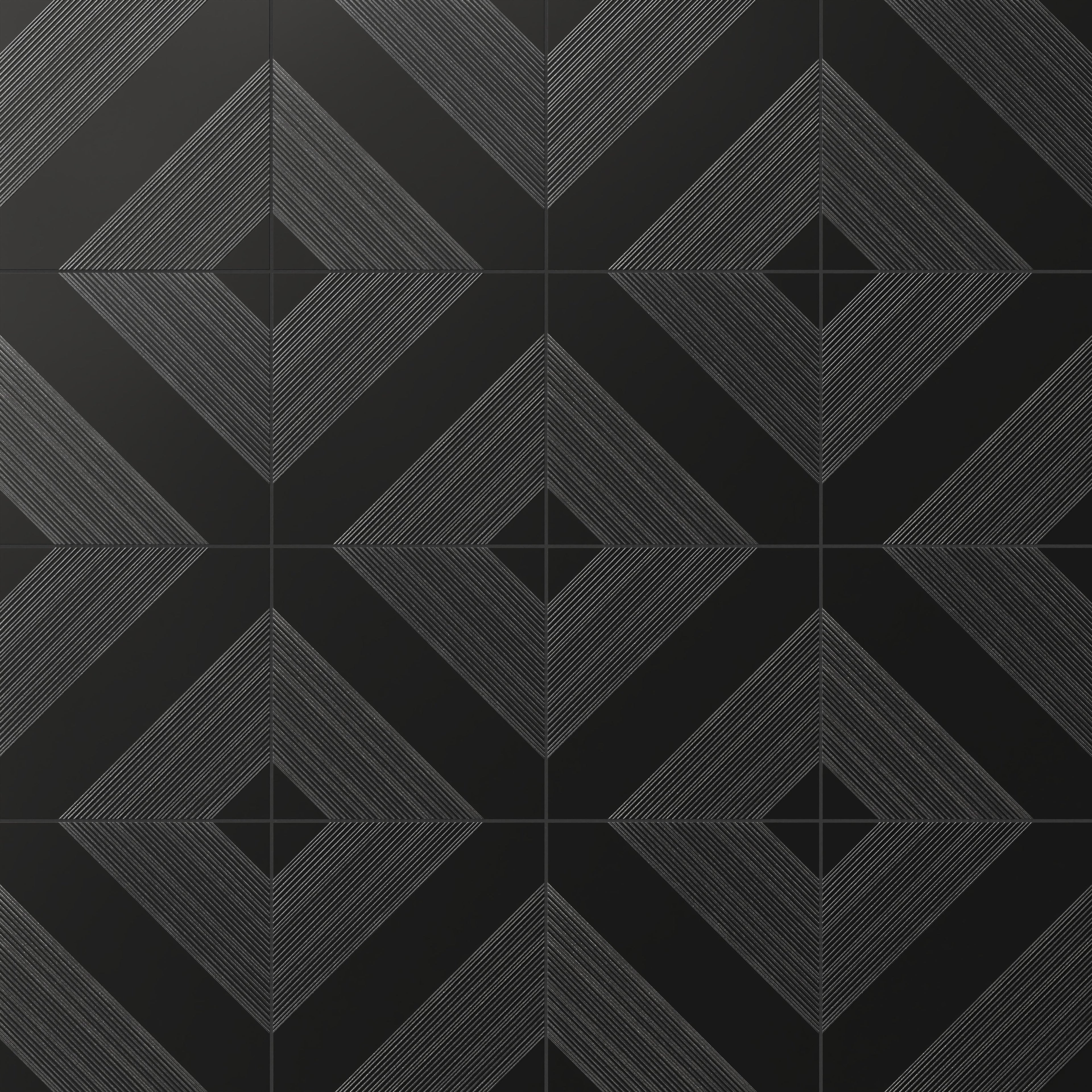 Estelle 12x12 Satin Ceramic Tile in Deco 1 Black Silver