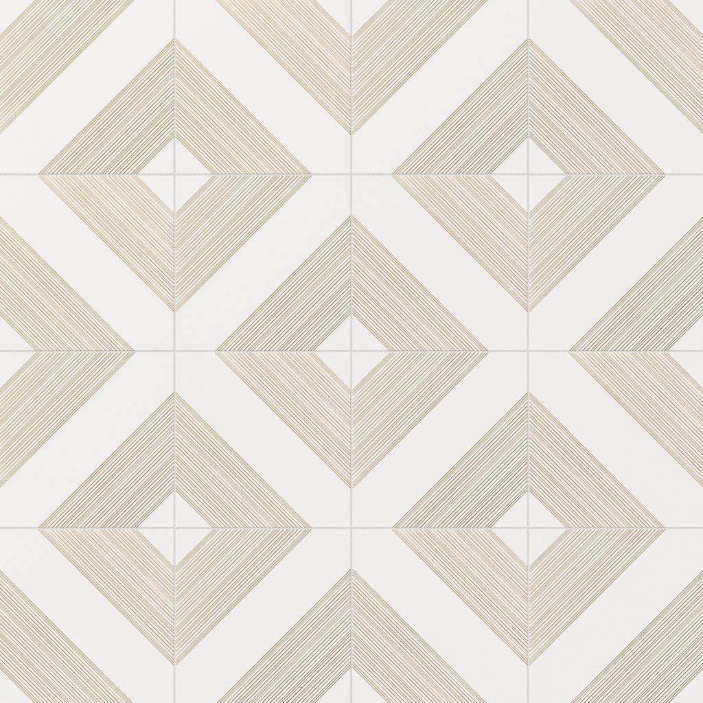 Estelle 12x12 Satin Ceramic Tile in Deco 1 White Gold