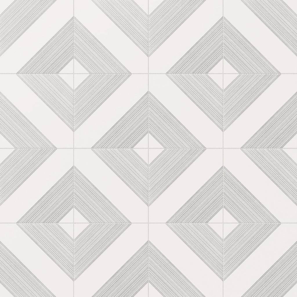 Estelle 12x12 Satin Ceramic Tile in Deco 1 White Silver