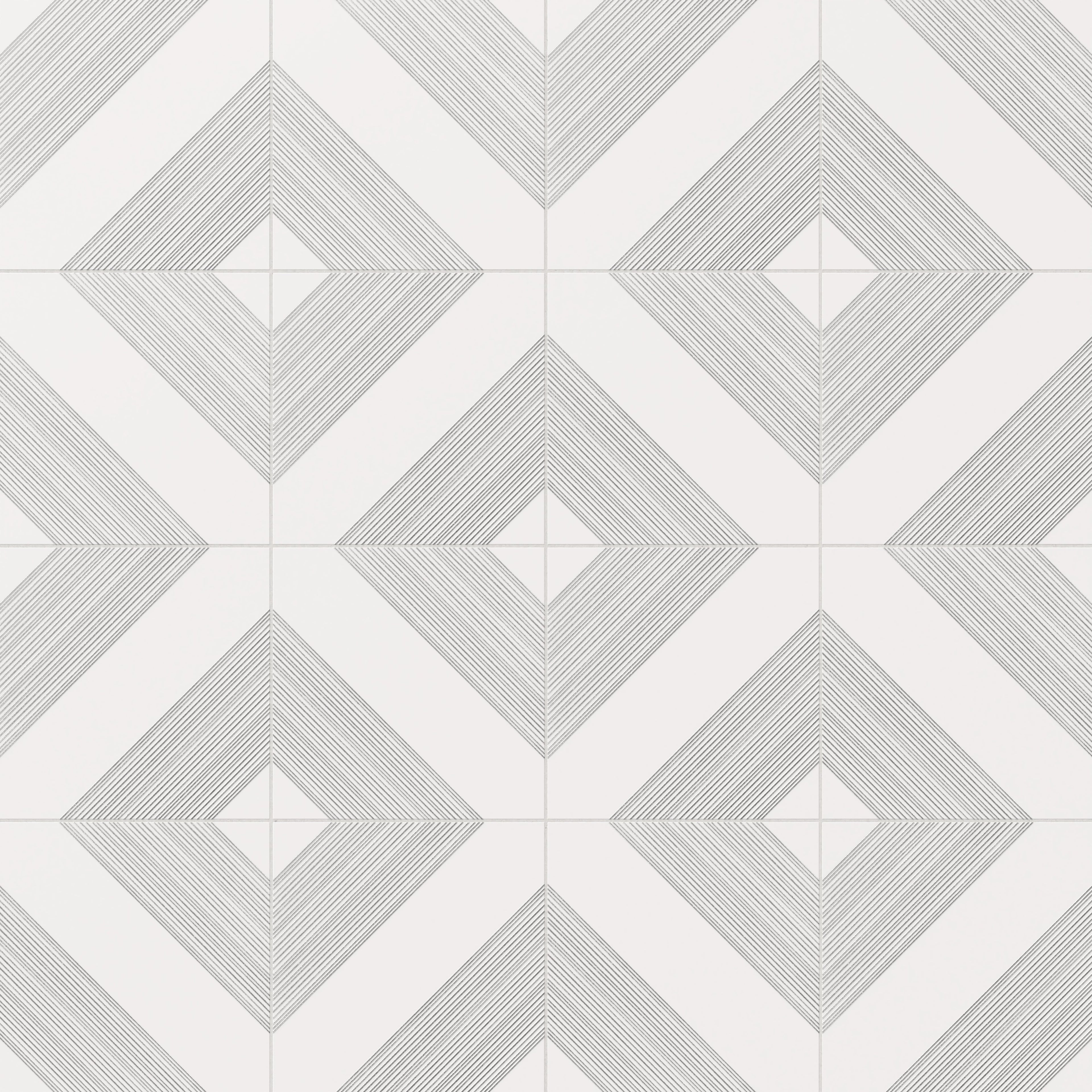 Estelle 12x12 Satin Ceramic Tile in Deco 1 White Silver