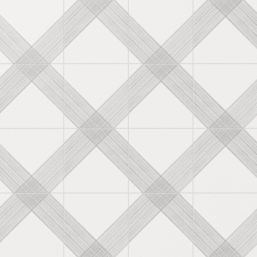 Estelle 12x12 Satin Ceramic Tile in Deco 2 White Silver