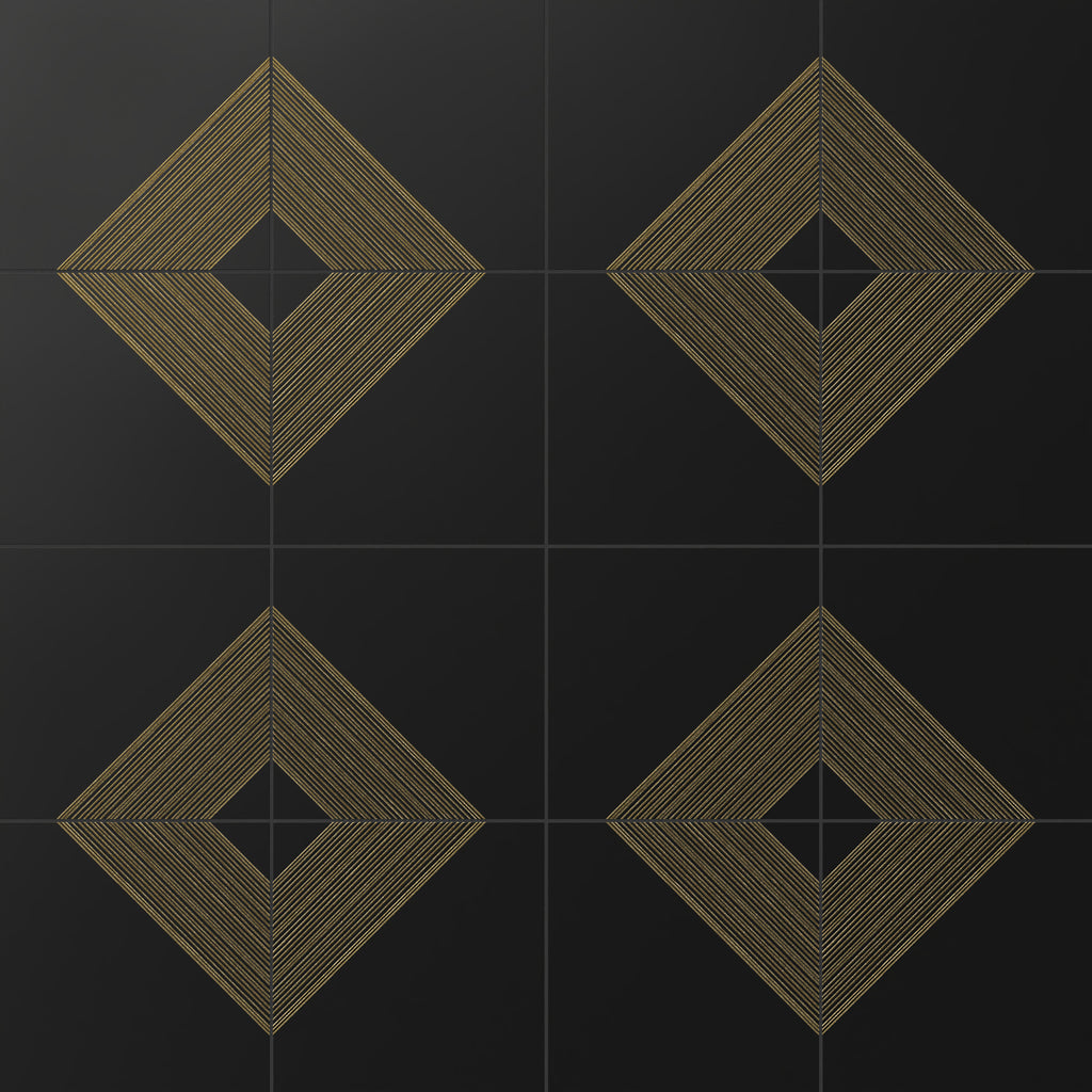Estelle 12x12 Satin Ceramic Tile in Deco 3 Black Gold
