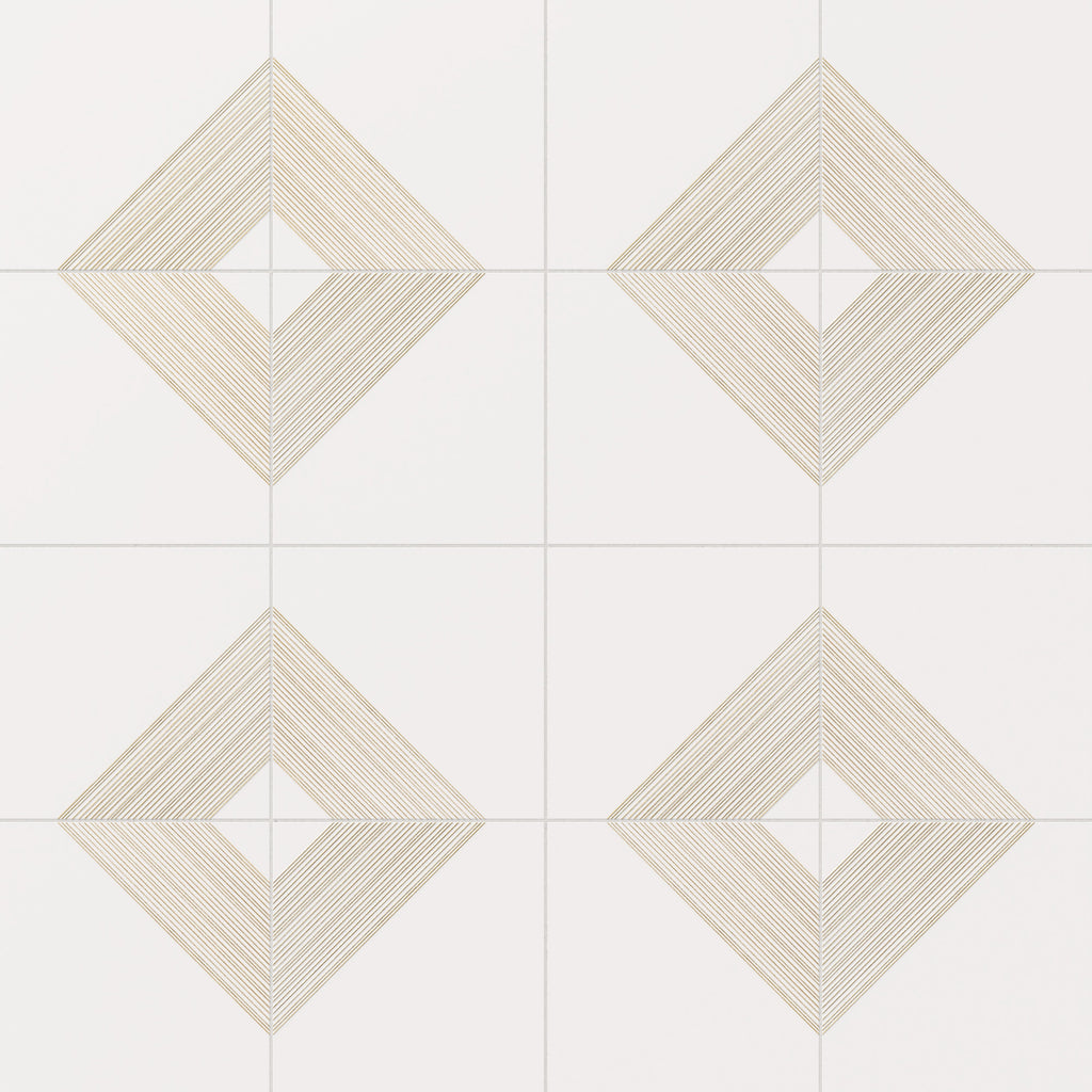 Estelle 12x12 Satin Ceramic Tile in Deco 3 White Gold
