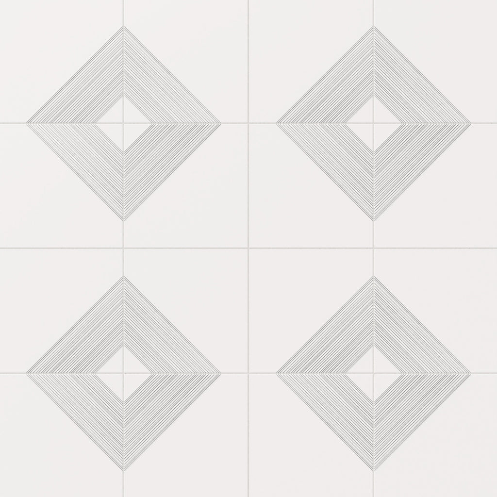 Estelle 12x12 Satin Ceramic Tile in Deco 3 White Silver