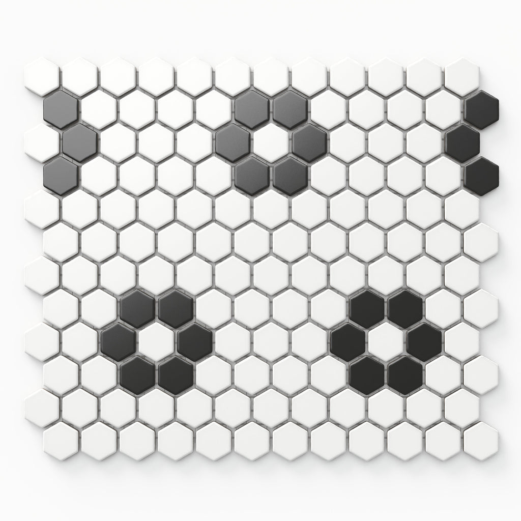 Quinn 12x12 Matte Porcelain 1x1 Hexagon Mosaic Tile in Black & White Flower