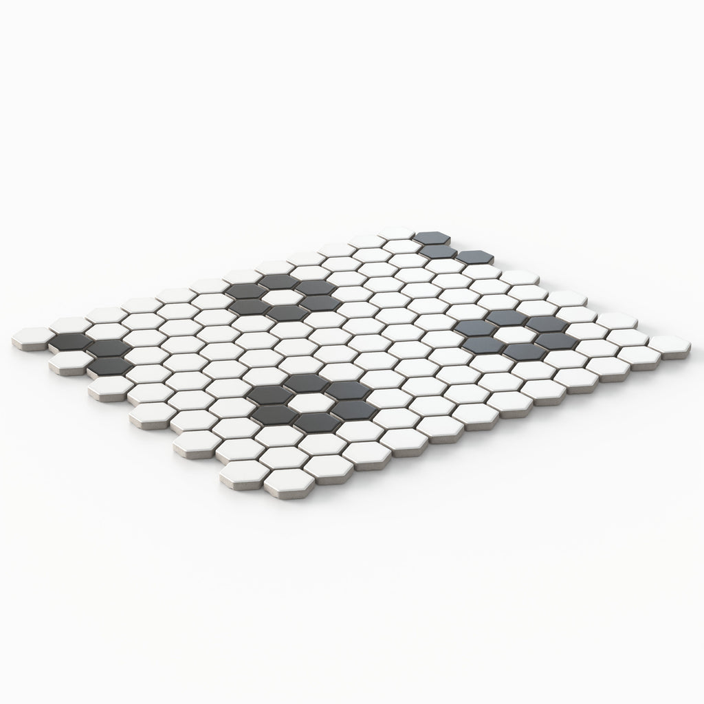 Quinn 12x12 Matte Porcelain 1x1 Hexagon Mosaic Tile in Black & White Flower
