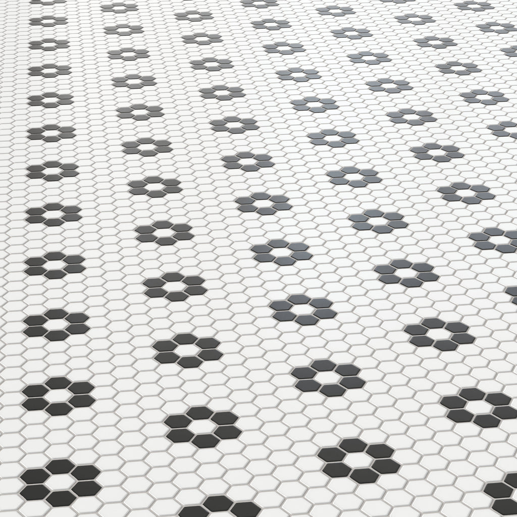 Quinn 12x12 Matte Porcelain 1x1 Hexagon Mosaic Tile in Black & White Flower