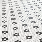 Quinn 12x12 Matte Porcelain 1x1 Hexagon Mosaic Tile in Black & White Flower