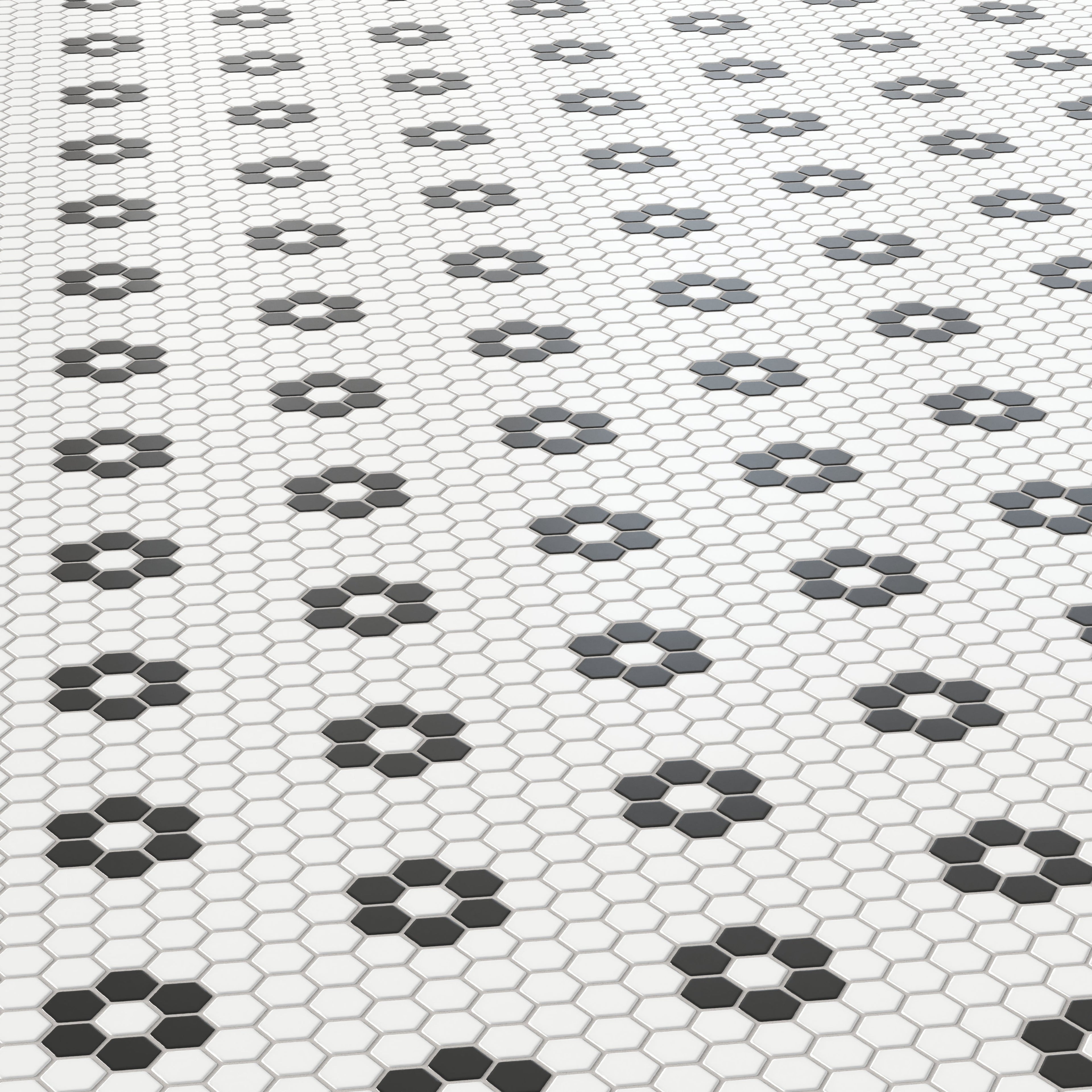 Quinn 12x12 Matte Porcelain 1x1 Hexagon Mosaic Tile in Black & White Flower