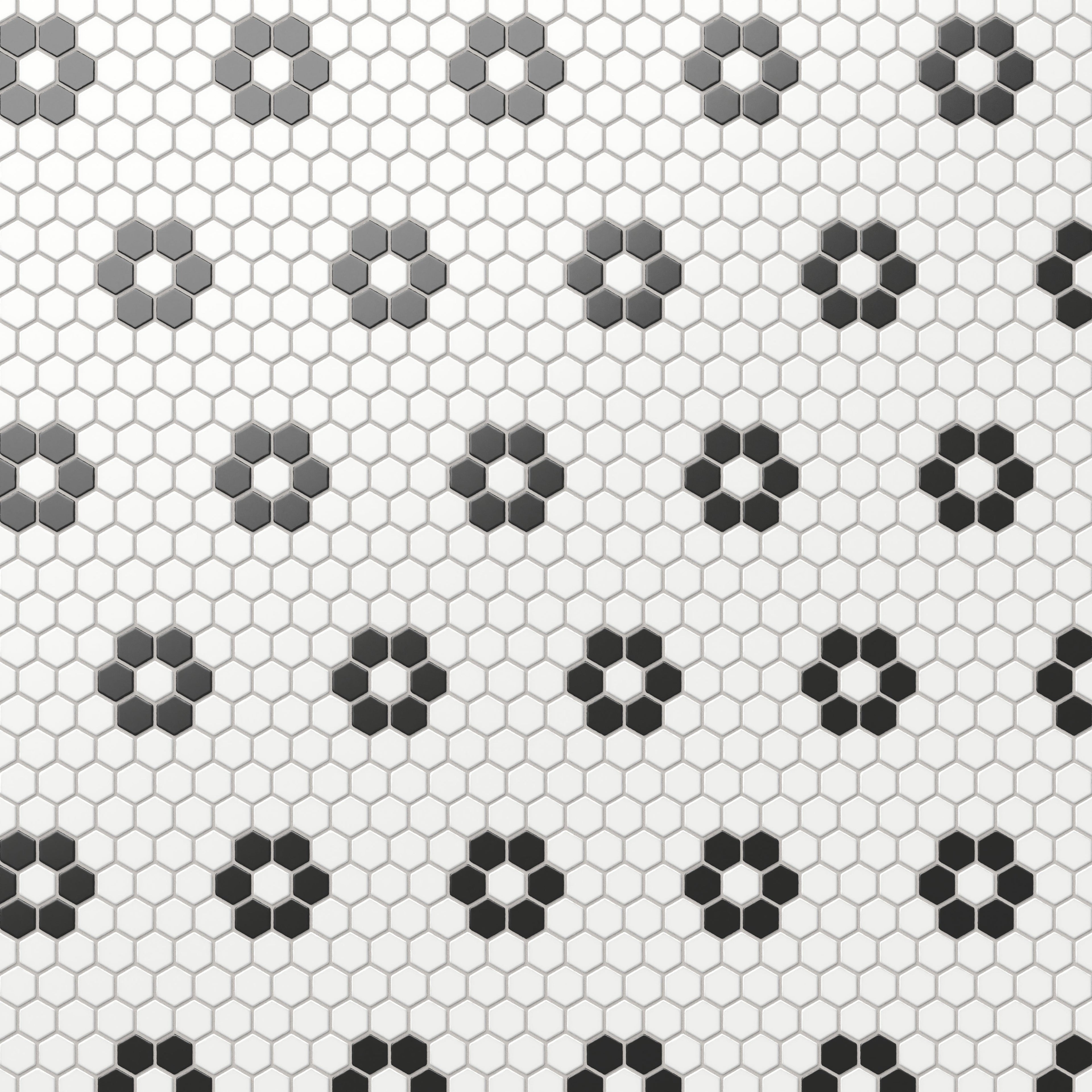 Quinn 12x12 Matte Porcelain 1x1 Hexagon Mosaic Tile in Black & White Flower