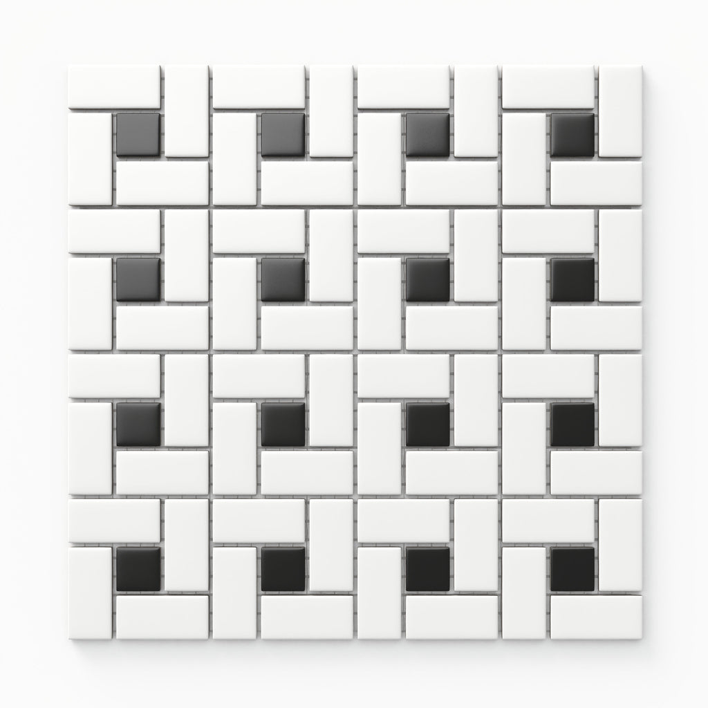 Quinn 12x12 Matte Porcelain Pinwheel Mosaic Tile in Black & White
