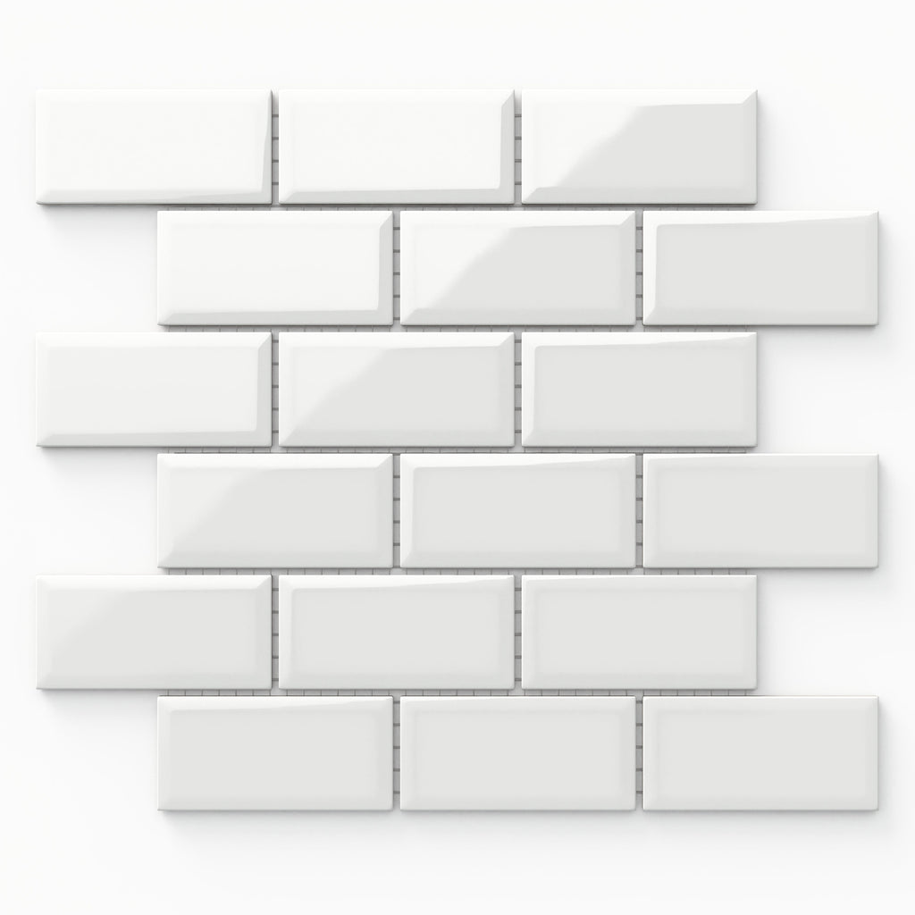 Maggie 12x12 Glossy Porcelain 2x4 Brick Beveled Mosaic Tile in White