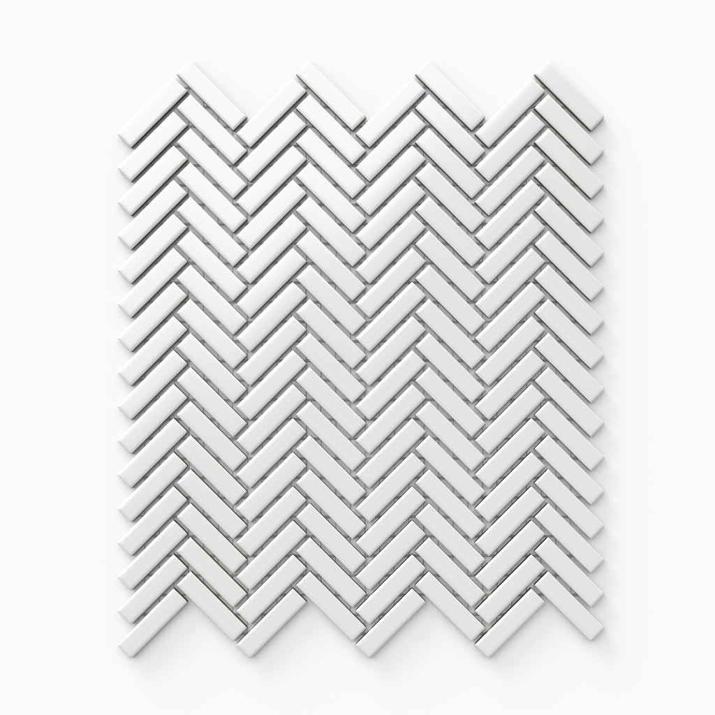 Maggie 12x12 Glossy Porcelain Herringbone Mosaic Tile in White