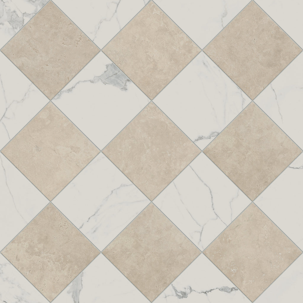 Leona 12x12 Checkerboard Matte Porcelain Tile in Calacatta and Marfil