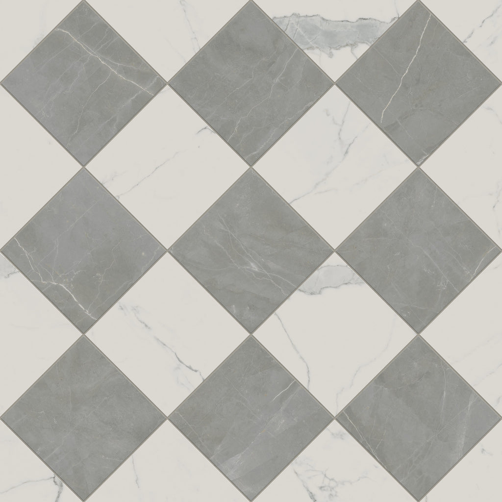 Leona 12x12 Checkerboard Matte Porcelain Tile in Calacatta and Amani Grey