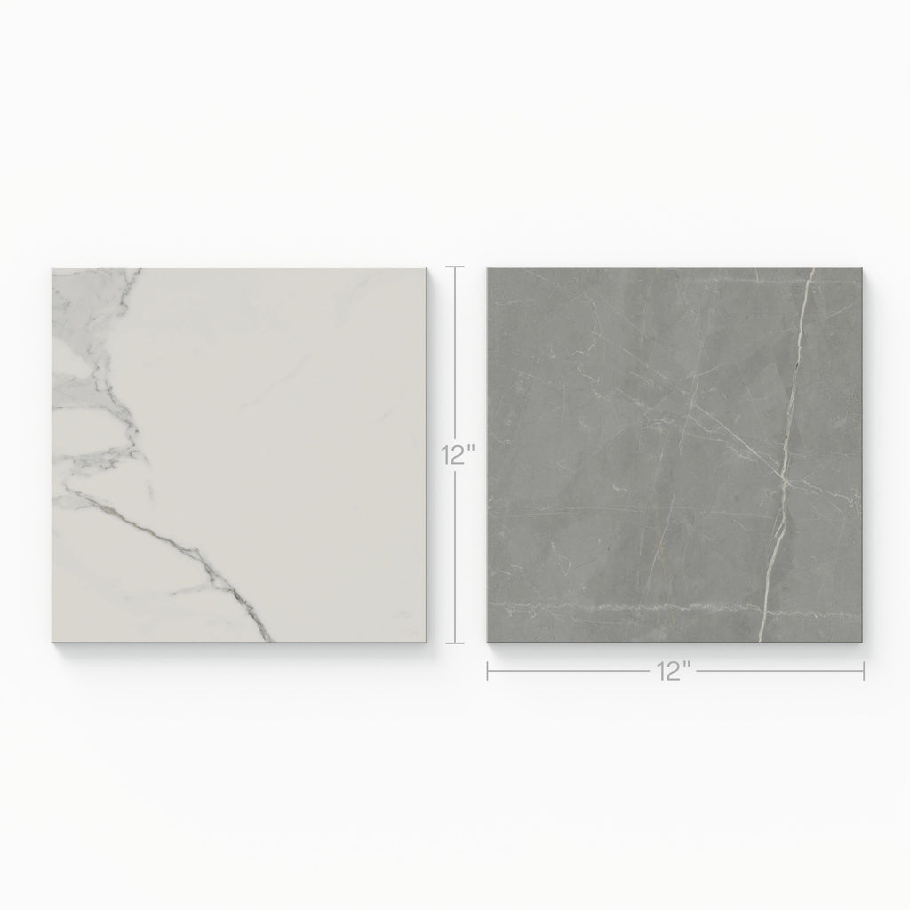 Leona 12x12 Checkerboard Matte Porcelain Tile in Calacatta and Amani Grey