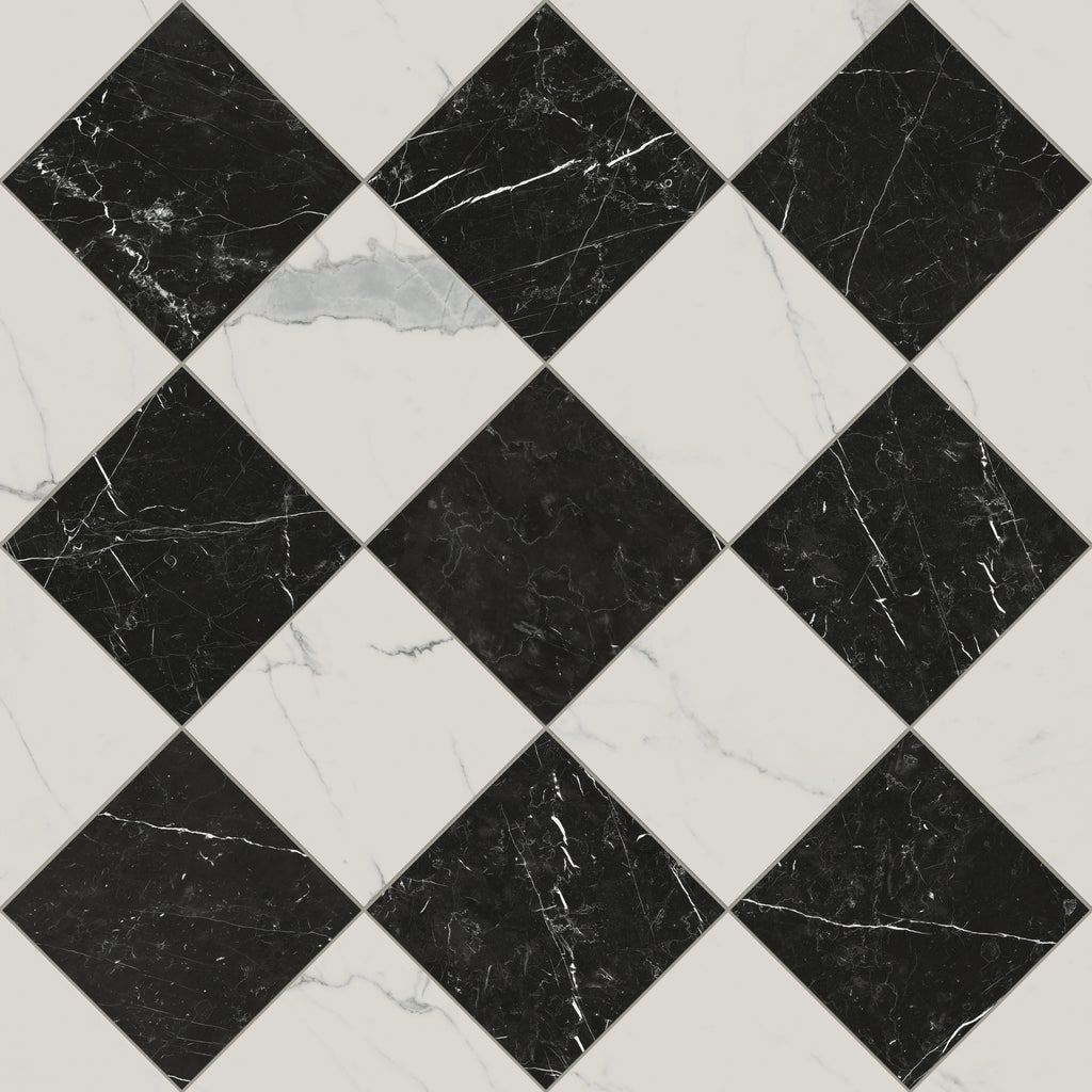 Leona 12x12 Checkerboard Matte Porcelain Tile in Calacatta and Nero Marquina