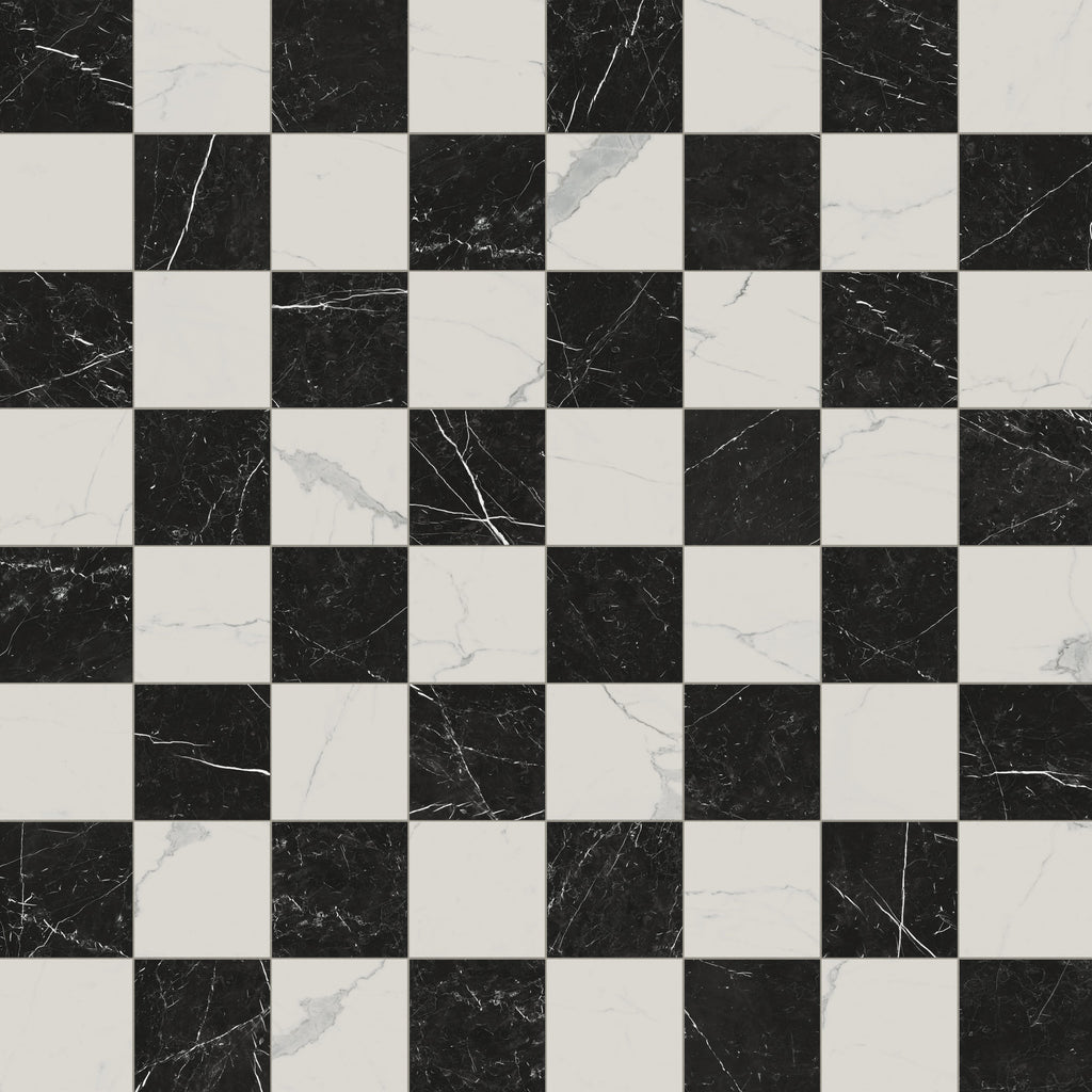 Leona 12x12 Checkerboard Matte Porcelain Tile in Calacatta and Nero Marquina