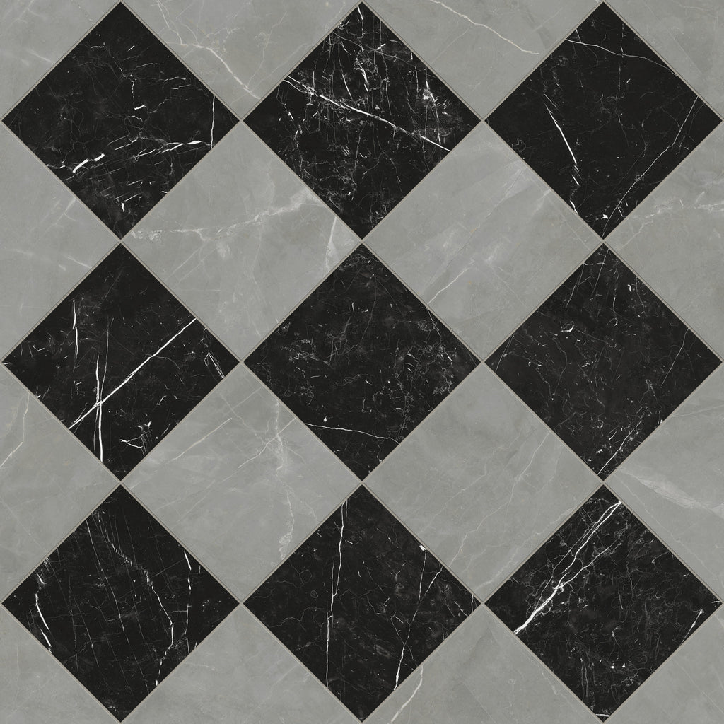 Leona 12x12 Checkerboard Matte Porcelain Tile in Amani Grey and Nero Marquina