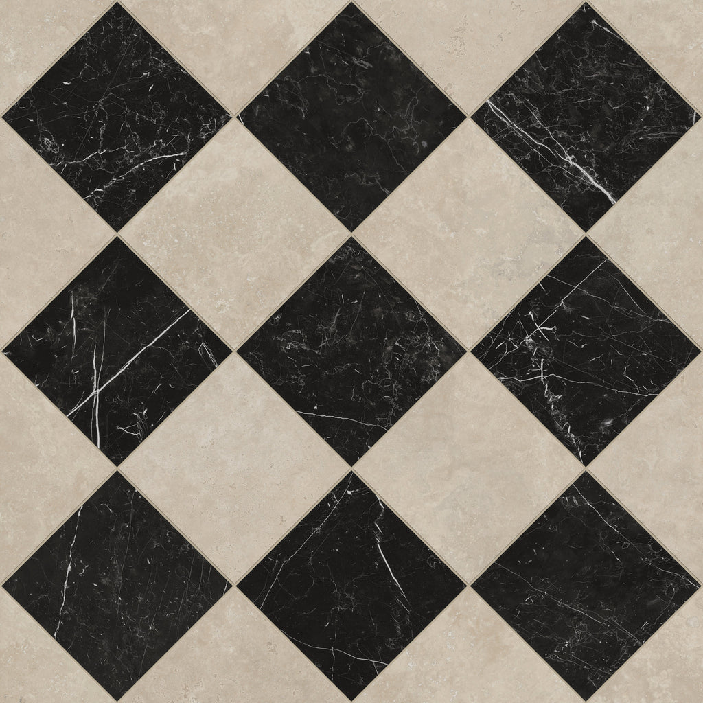 Leona 12x12 Checkerboard Matte Porcelain Tile in Marfil and Nero Marquina