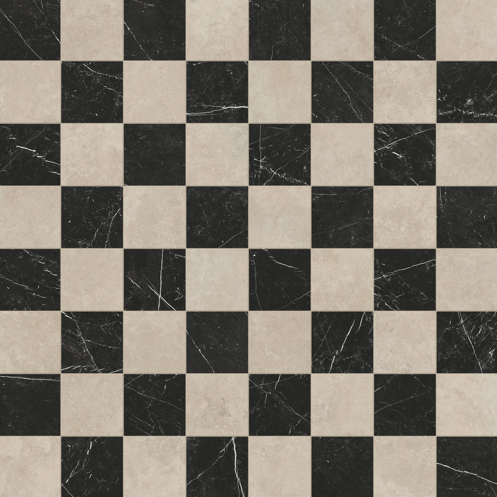 Leona 12x12 Checkerboard Matte Porcelain Tile in Marfil and Nero Marquina