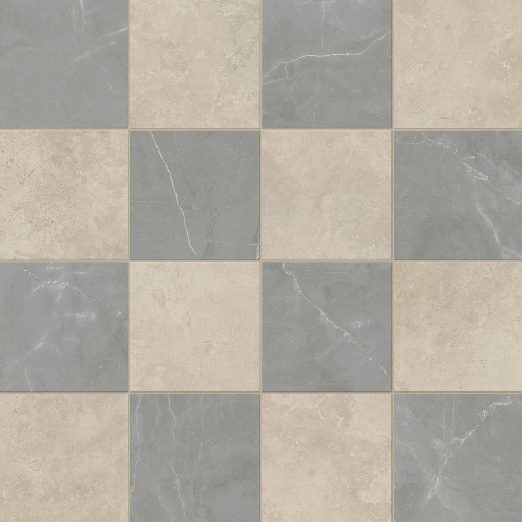 Leona 12x12 Checkerboard Matte Porcelain Tile in Marfil and Amani Grey