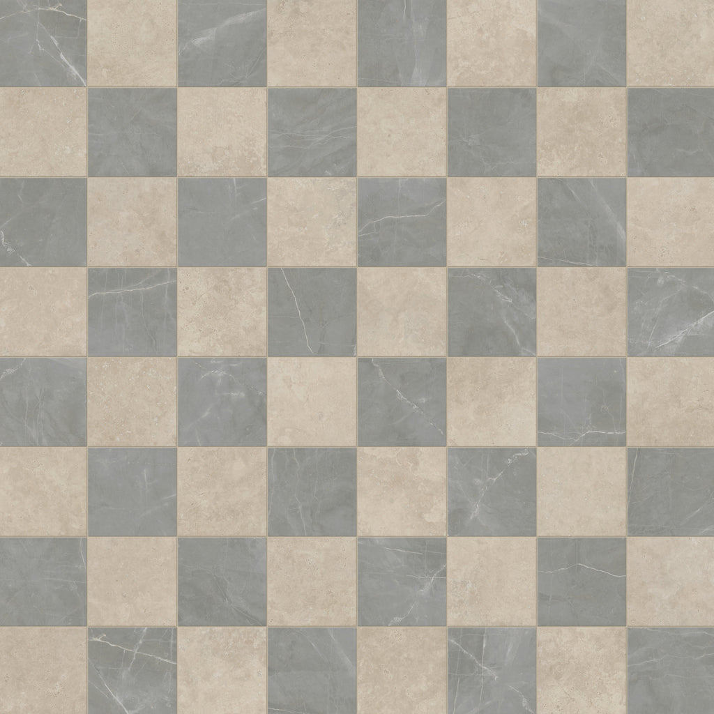 Leona 12x12 Checkerboard Matte Porcelain Tile in Marfil and Amani Grey