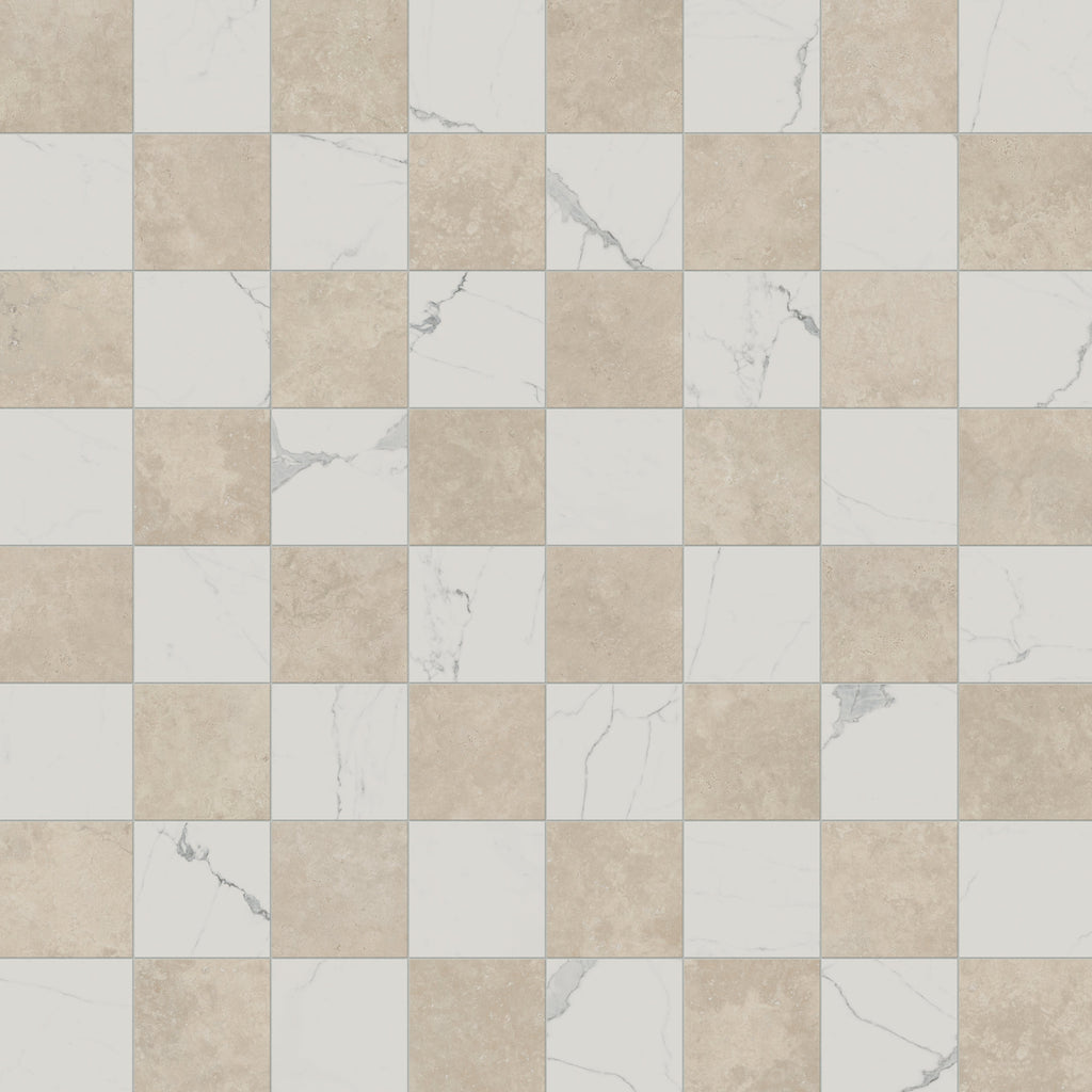 Leona 12x12 Checkerboard Polished Porcelain Tile in Calacatta and Marfil