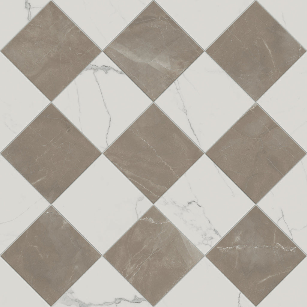 Leona 12x12 Checkerboard Polished Porcelain Tile in Calacatta and Amani Bronze