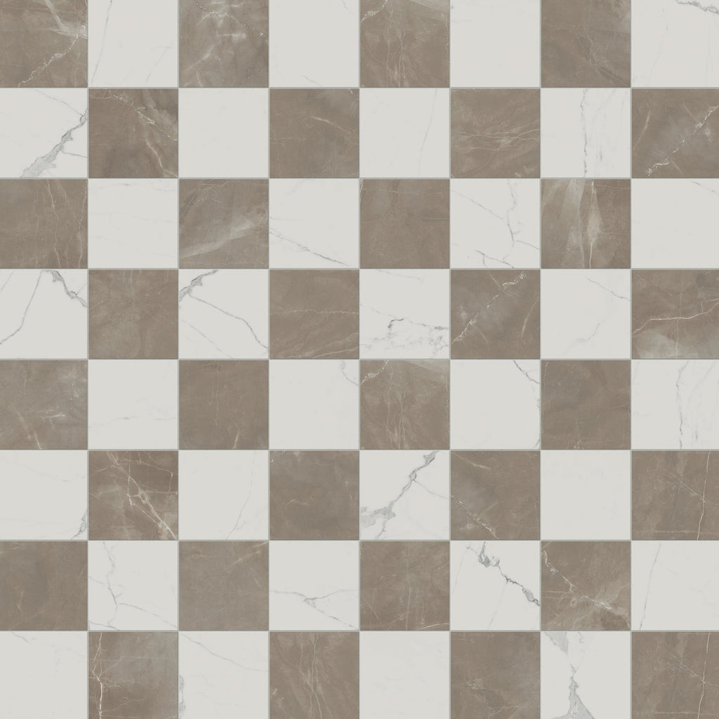 Leona 12x12 Checkerboard Polished Porcelain Tile in Calacatta and Amani Bronze