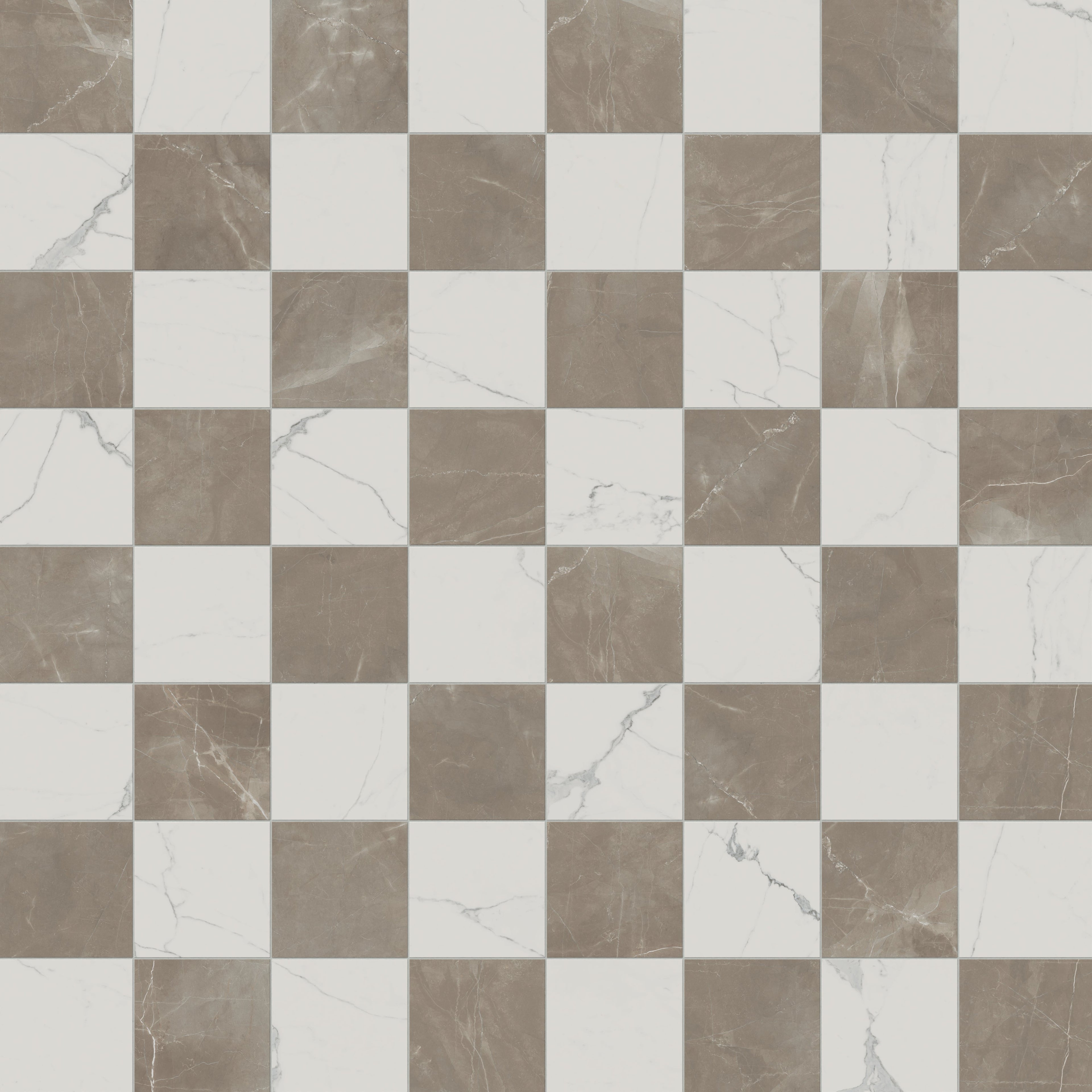 Leona 12x12 Checkerboard Polished Porcelain Tile in Calacatta and Amani Bronze
