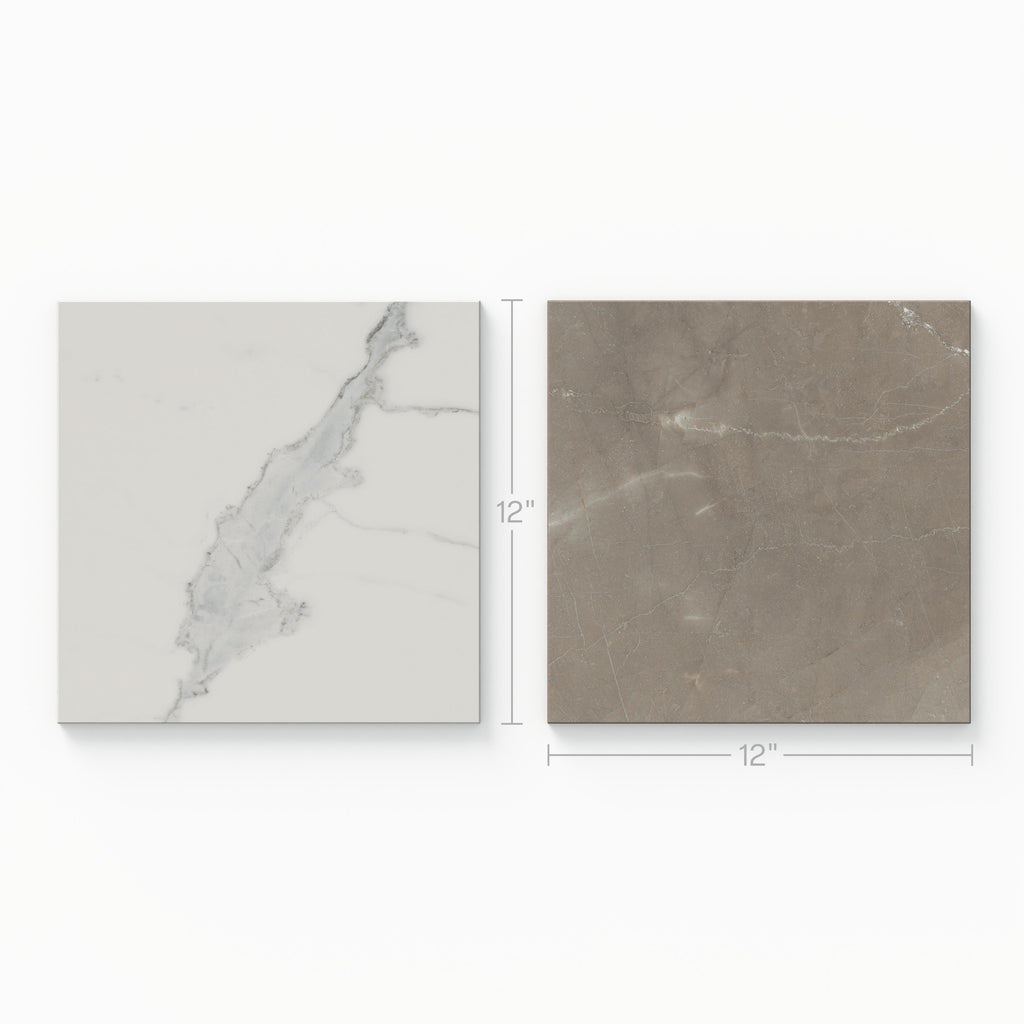 Leona 12x12 Checkerboard Polished Porcelain Tile in Calacatta and Amani Bronze