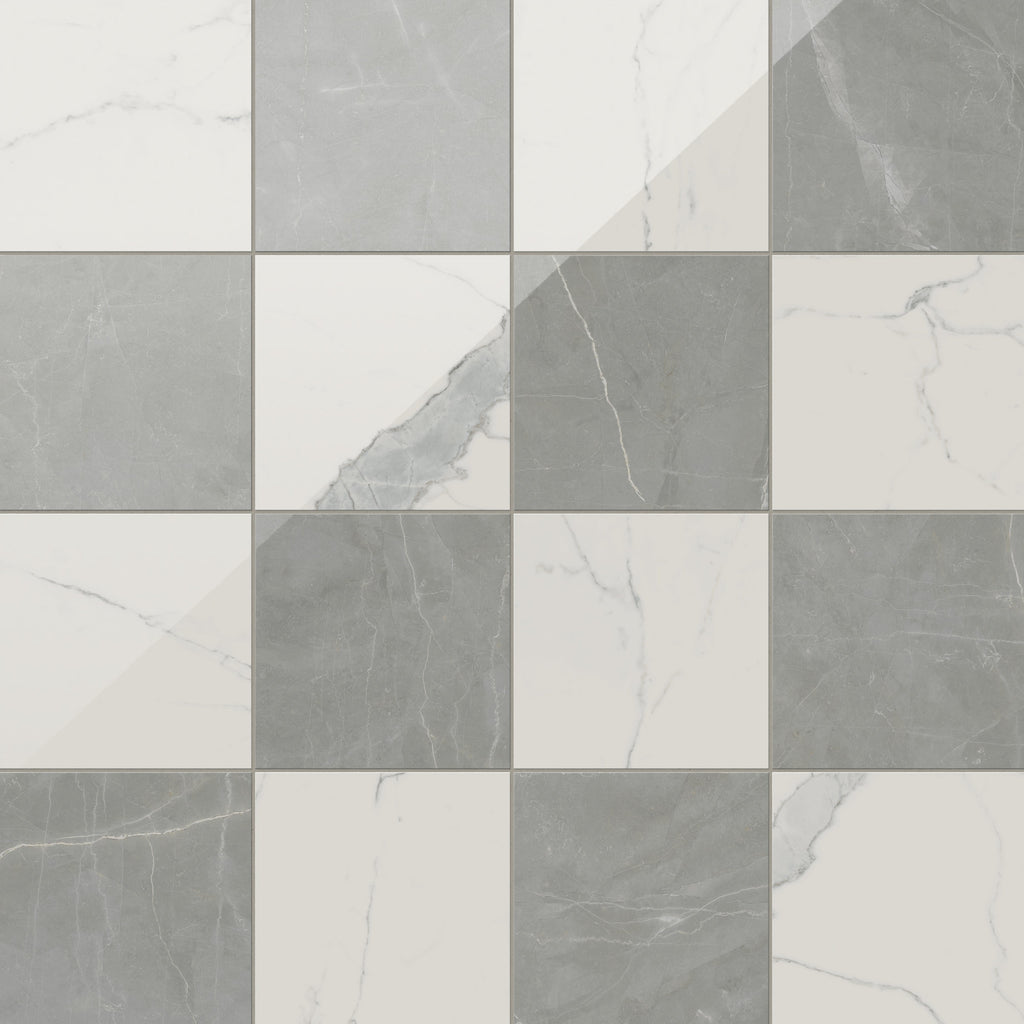 Leona 12x12 Checkerboard Polished Porcelain Tile in Calacatta and Amani Grey