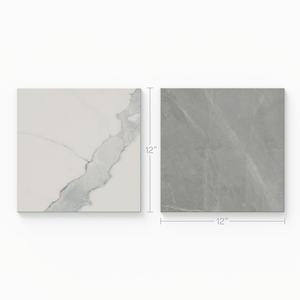 Leona 12x12 Checkerboard Polished Porcelain Tile in Calacatta and Amani Grey