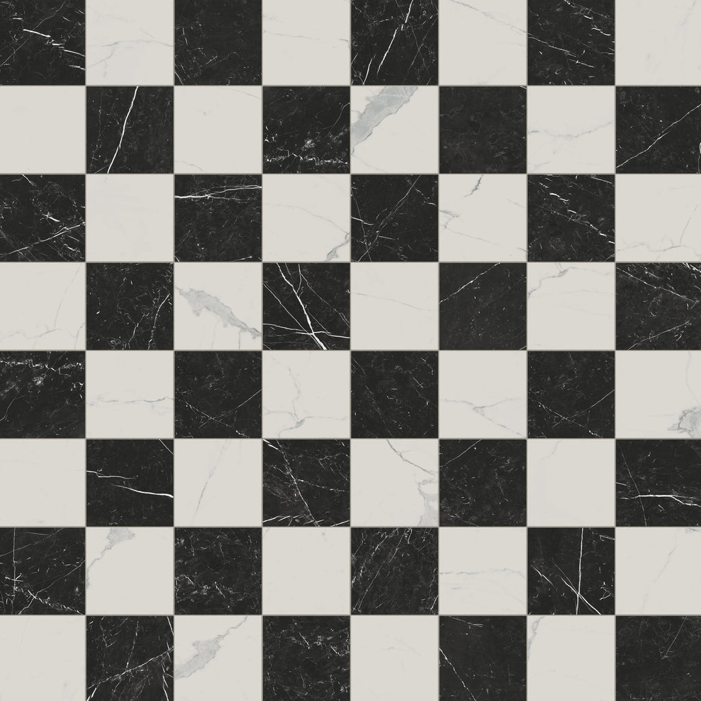 Leona 12x12 Checkerboard Polished Porcelain Tile in Calacatta and Nero Marquina