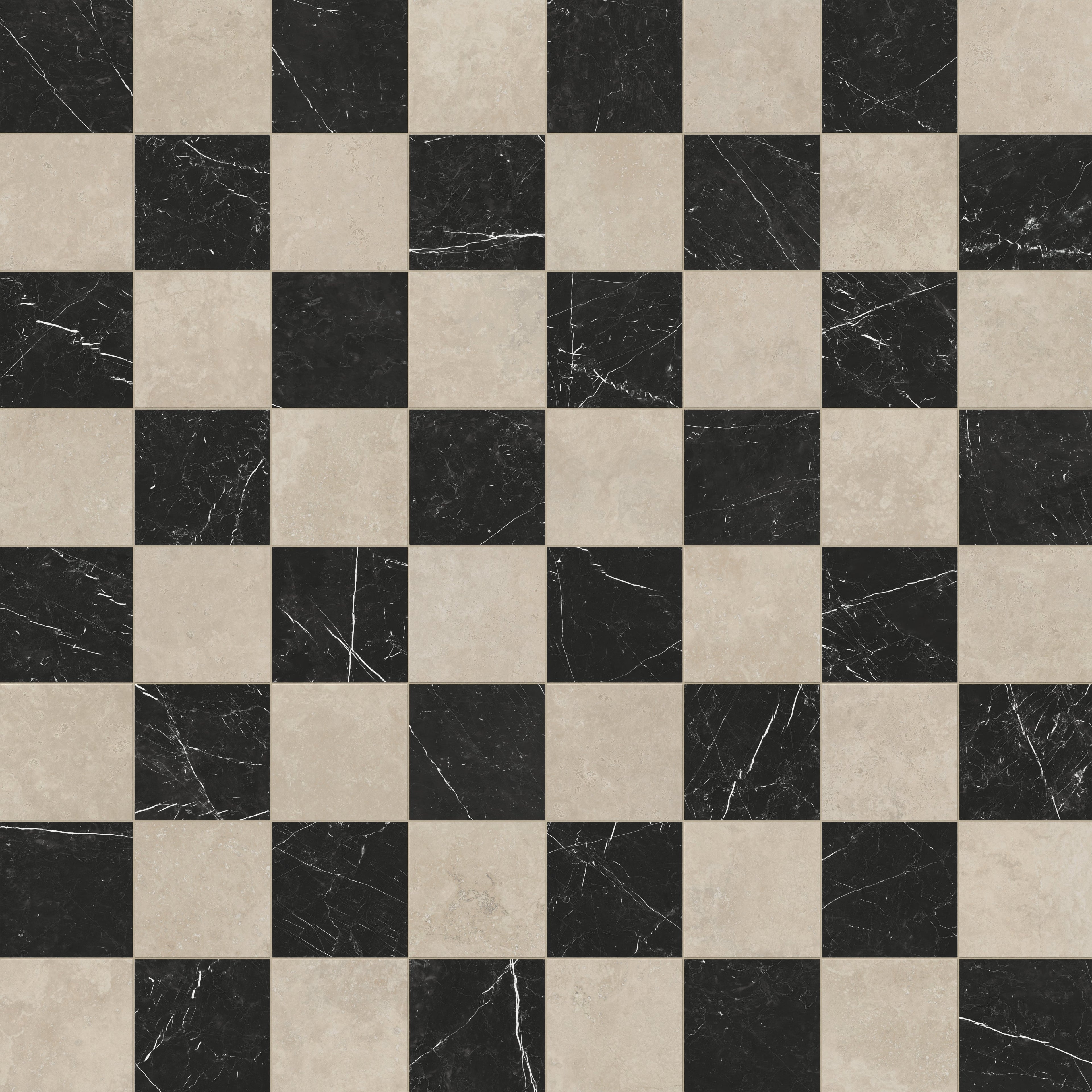 Leona 12x12 Checkerboard Polished Porcelain Tile in Marfil and Nero Marquina