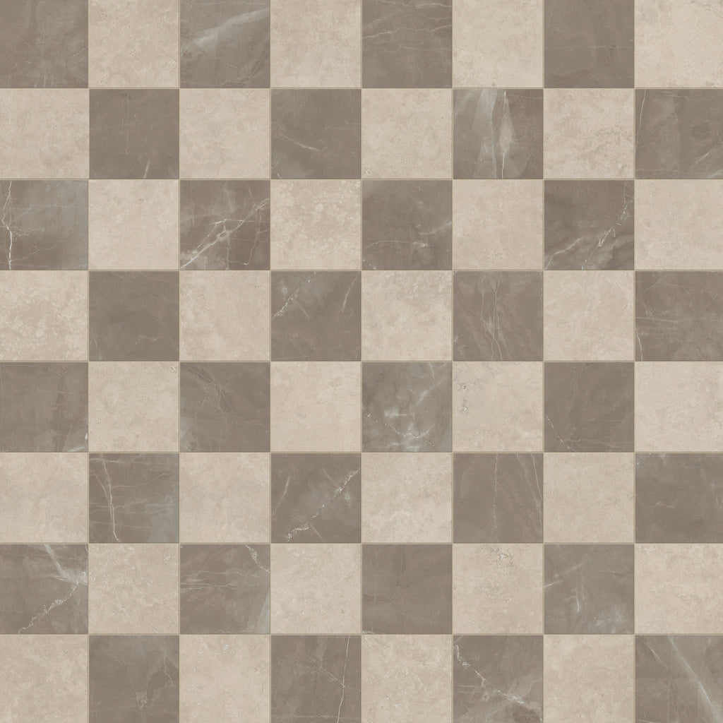 Leona 12x12 Checkerboard Polished Porcelain Tile in Marfil and Amani Bronze