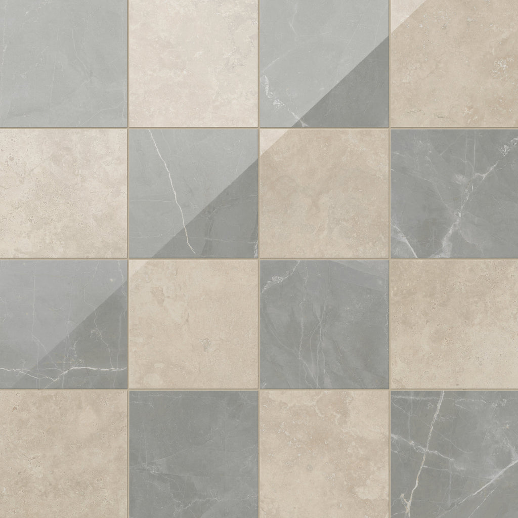 Leona 12x12 Checkerboard Polished Porcelain Tile in Marfil and Amani Grey