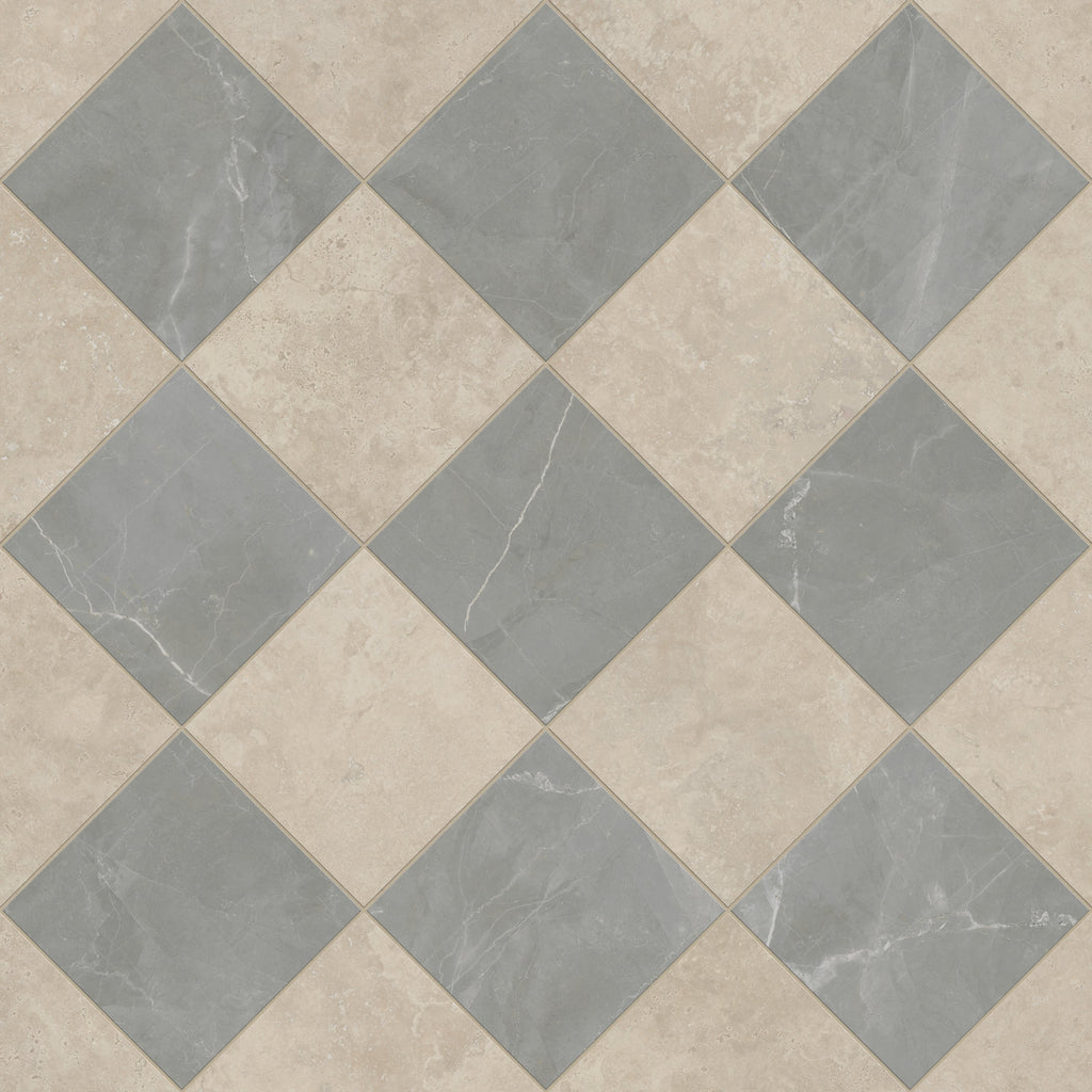 Leona 12x12 Checkerboard Polished Porcelain Tile in Marfil and Amani Grey