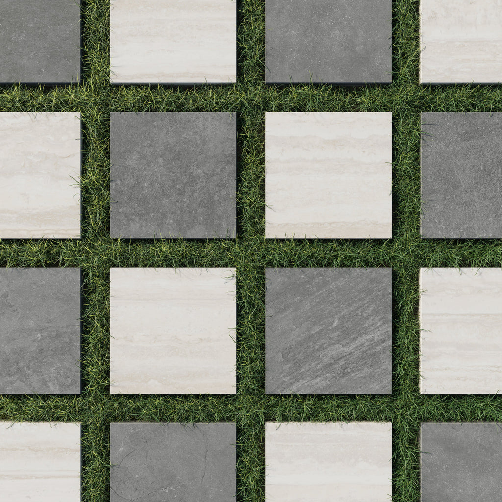 Wren 12x12 Checkerboard Grip 2cm Porcelain Paver Tile in Charcoal & Oat