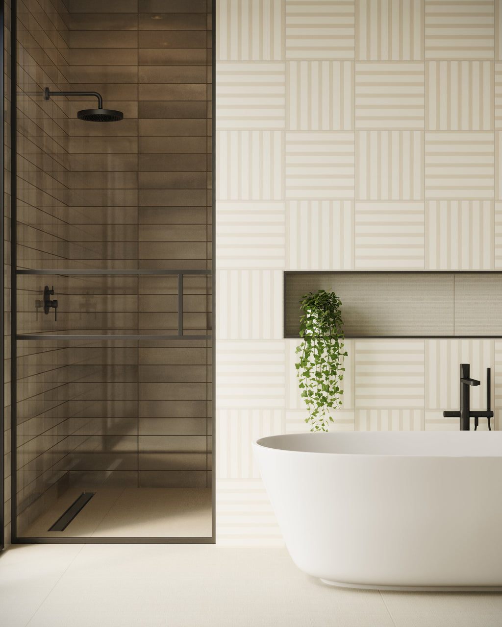 Riley 12x12 Matte Porcelain Tile in Striped Pattern Cream