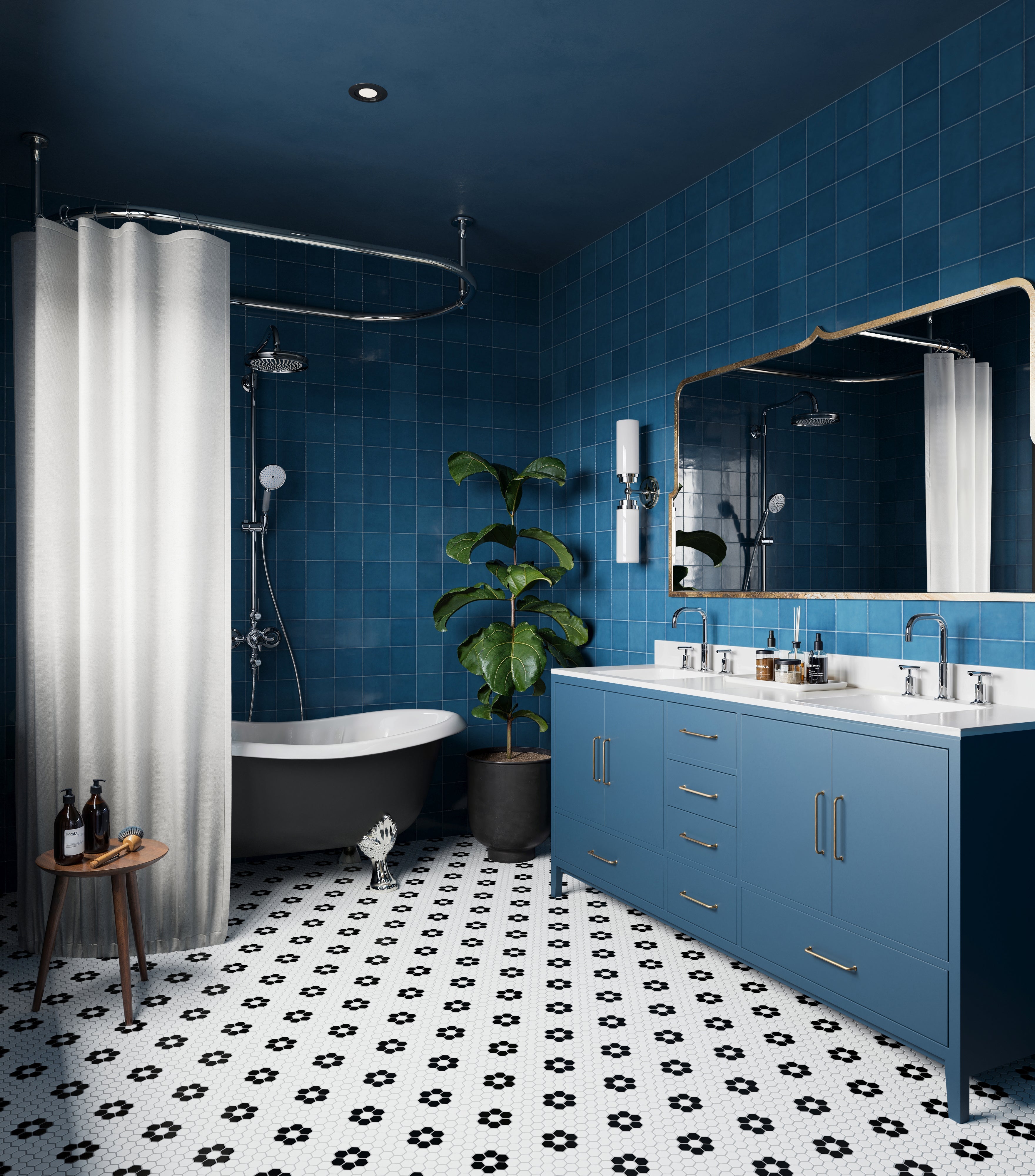 Quinn 12x12 Matte Porcelain 1x1 Hexagon Mosaic Tile in Black & White Flower