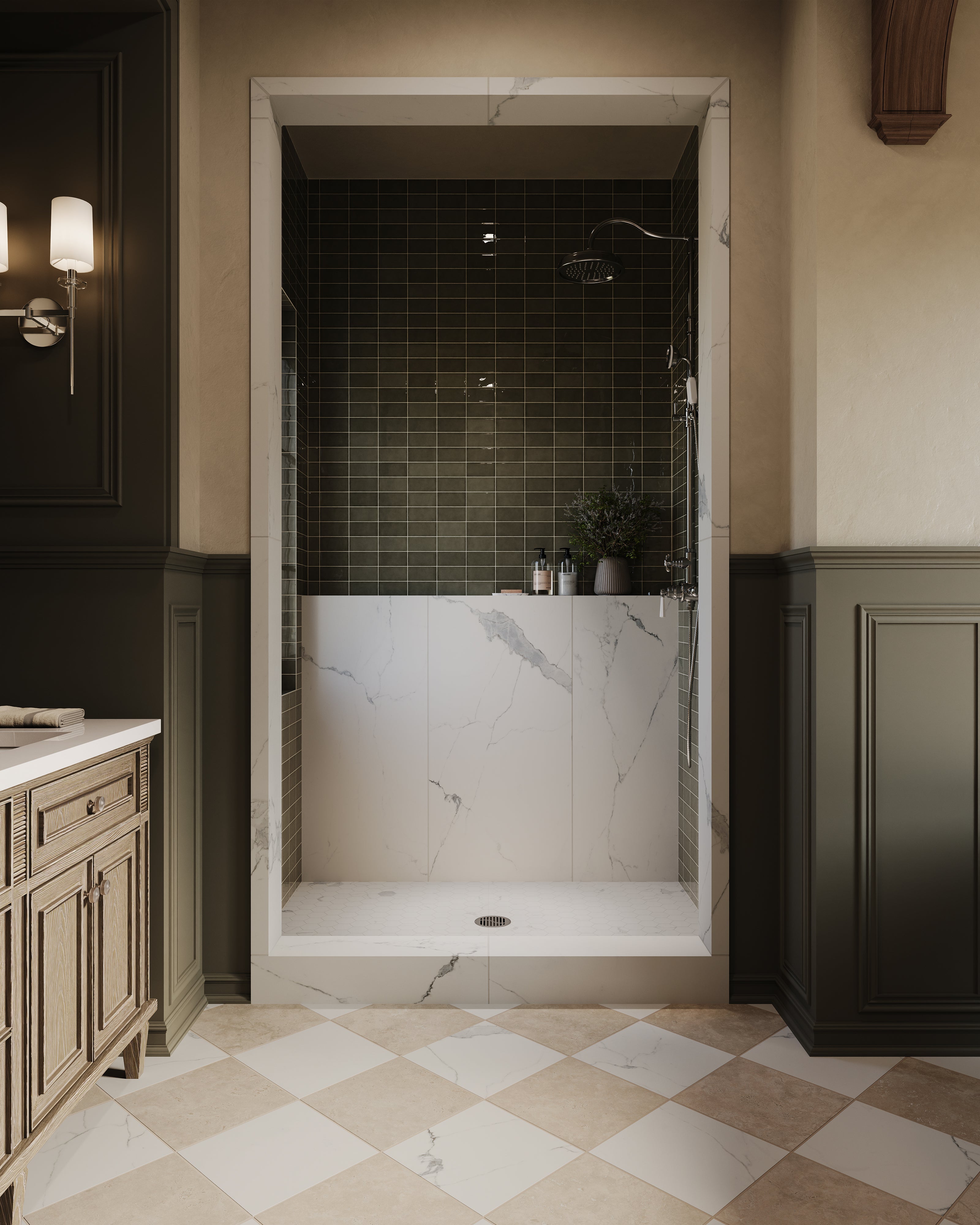 Leona 12x12 Checkerboard Matte Porcelain Tile in Calacatta and Marfil