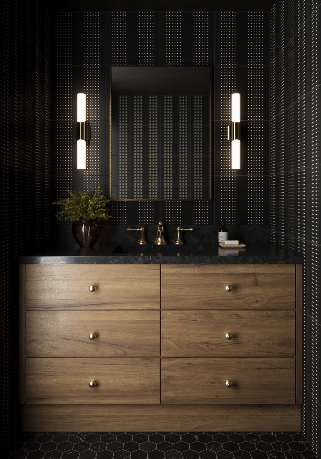 Kira 12x12 Satin Ceramic Tile in Striped Dots Black