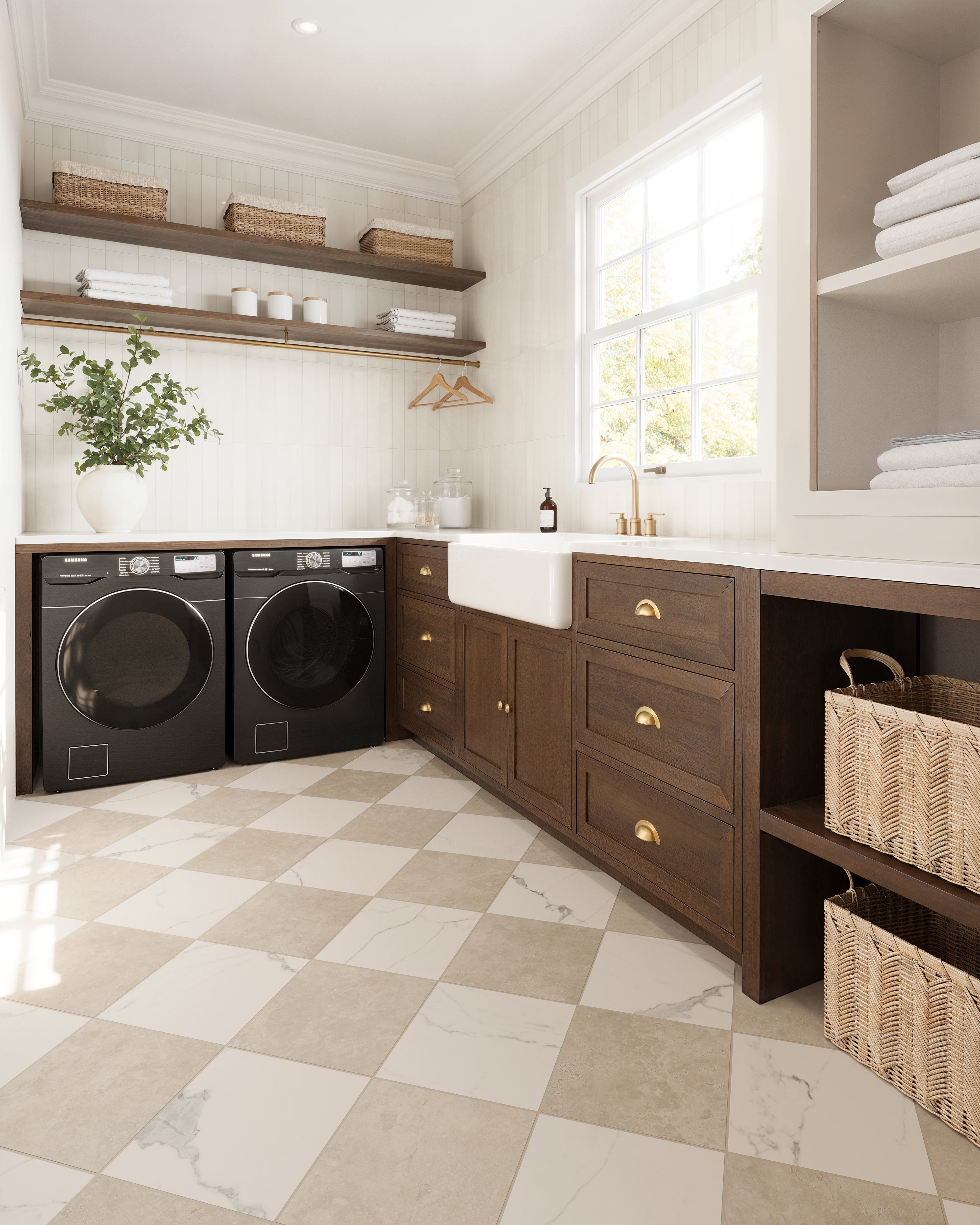 Leona 12x12 Checkerboard Matte Porcelain Tile in Calacatta and Marfil