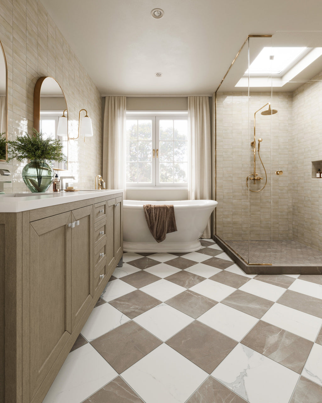 Leona 12x12 Checkerboard Matte Porcelain Tile in Calacatta and Amani Bronze