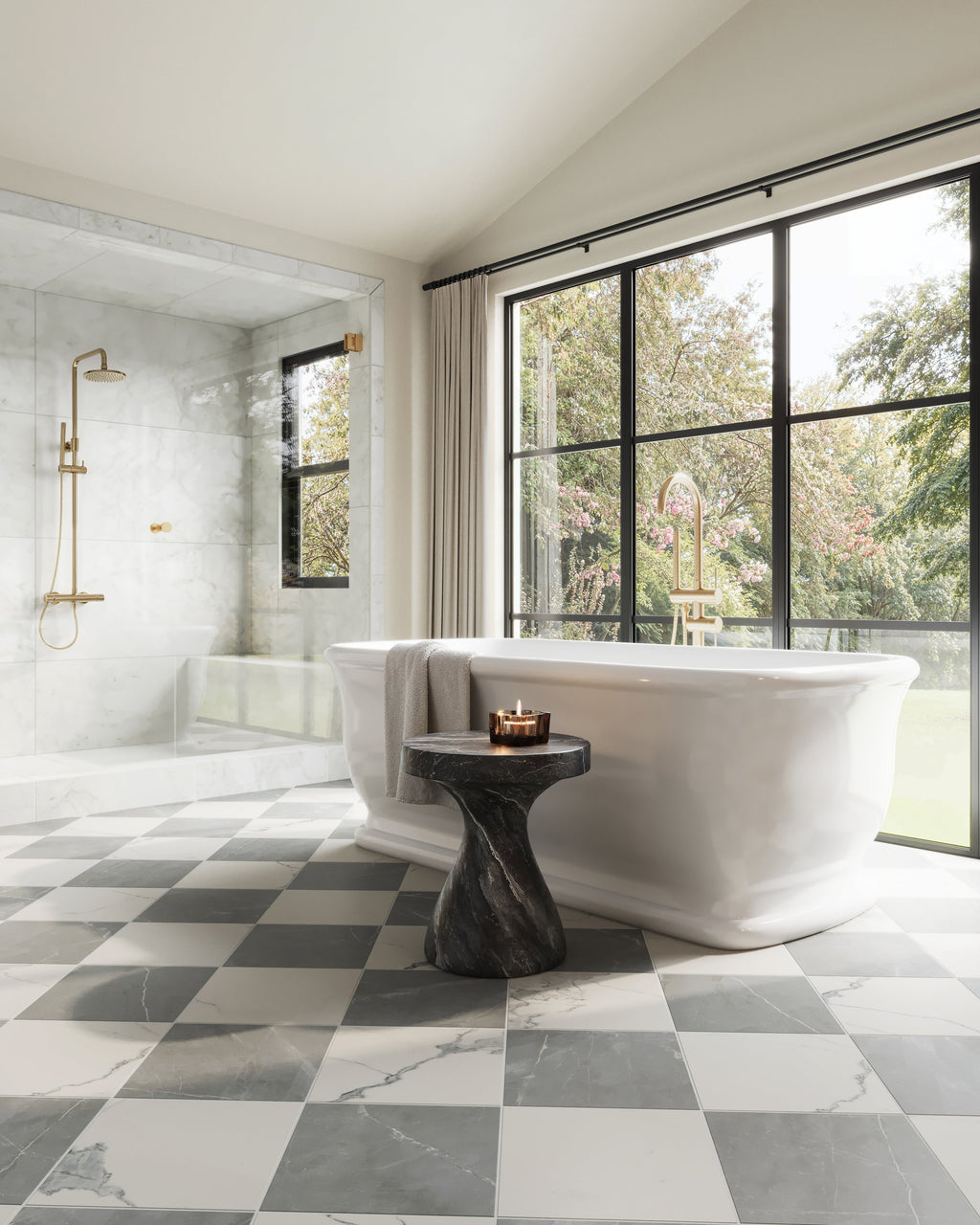 Leona 12x12 Checkerboard Matte Porcelain Tile in Calacatta and Amani Grey