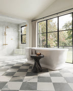 Leona 12x12 Checkerboard Matte Porcelain Tile in Calacatta and Amani Grey