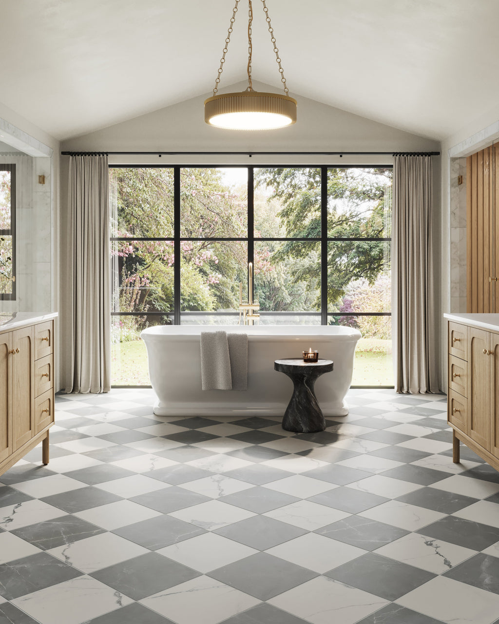 Leona 12x12 Checkerboard Matte Porcelain Tile in Calacatta and Amani Grey