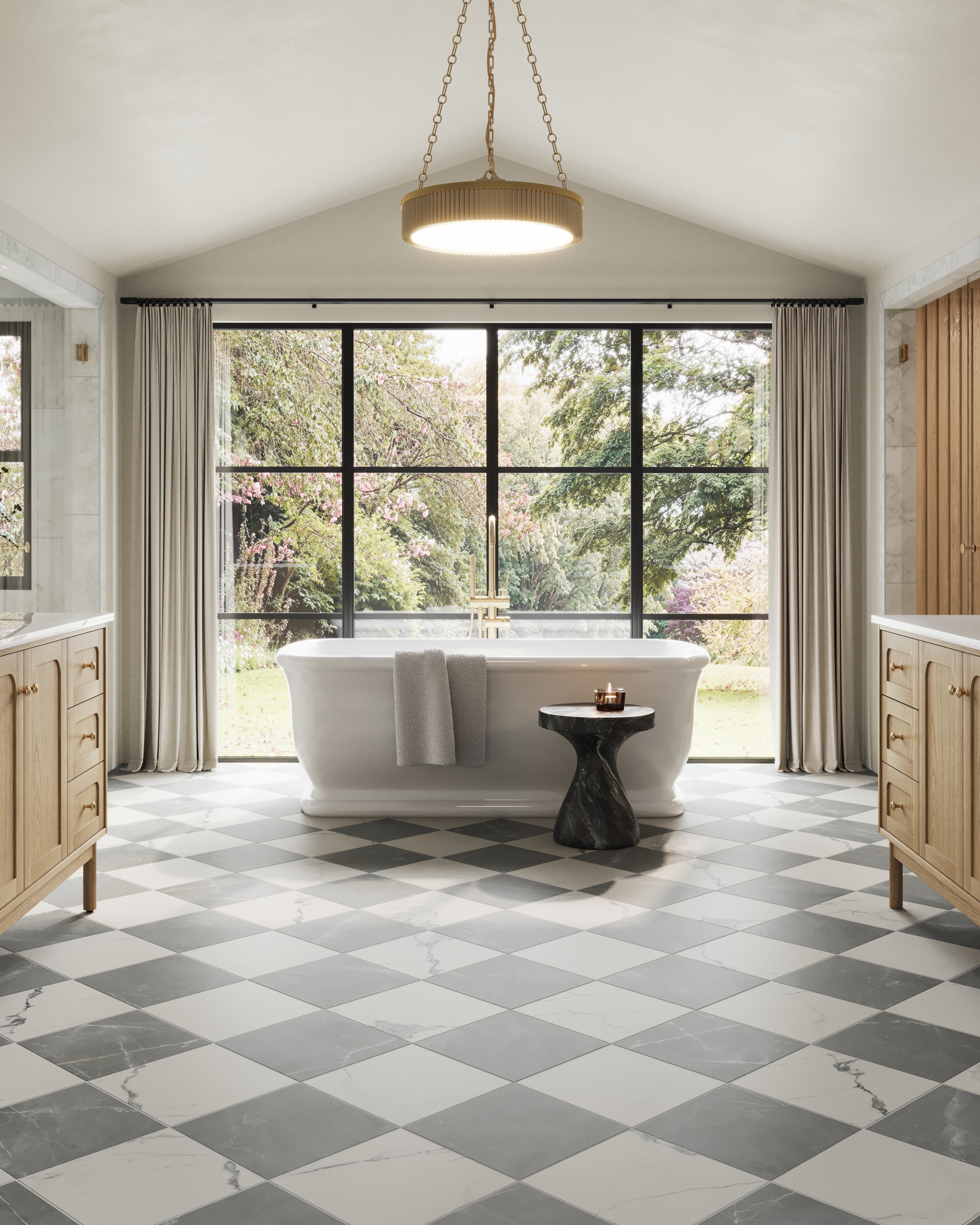 Leona 12x12 Checkerboard Matte Porcelain Tile in Calacatta and Amani Grey